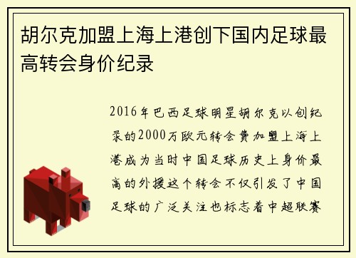 胡尔克加盟上海上港创下国内足球最高转会身价纪录 胡尔克加盟上海上港创下国内足球最高转会身价纪录